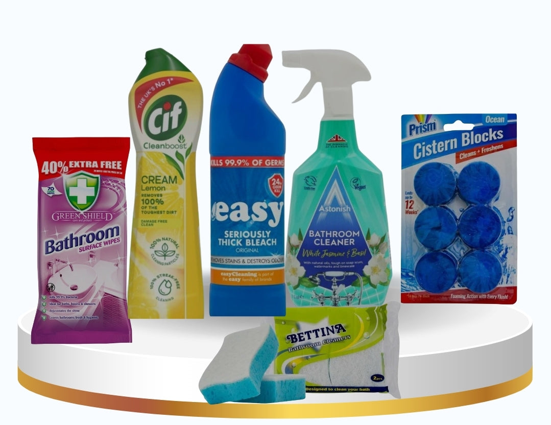 Bathroom Cleaning Bundle - Astonish Bathroom Spray, Cif Cream Cleaner, Easy Bleach, Bathroom Sponge & Toilet Blocks