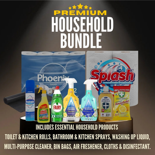 Household Premium Cleaning Bundle - Toilet Roll, Bathroom Spray, Kitchen Spray, Kitchen Roll, Washing Up Liquid, Multi-Purpose Spray, Bathroom Cleaner, Bin Bags, Air Freshener, Disinfectant, Cloth
