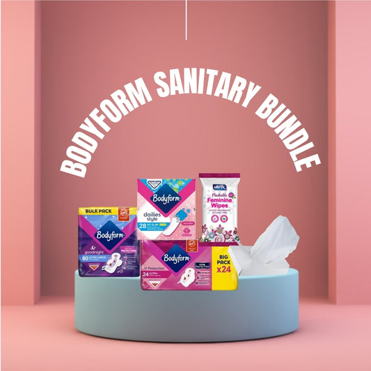 Sanitary Towels Bundle Bodyform Sanitary Towels x24, Bodyform Goodnight Sanitary Towels with Wings x8, Bodyform Panty Liners x28, Lil-Lets Tampons x16, Feminine Wipes x20, Disposable Bags x20