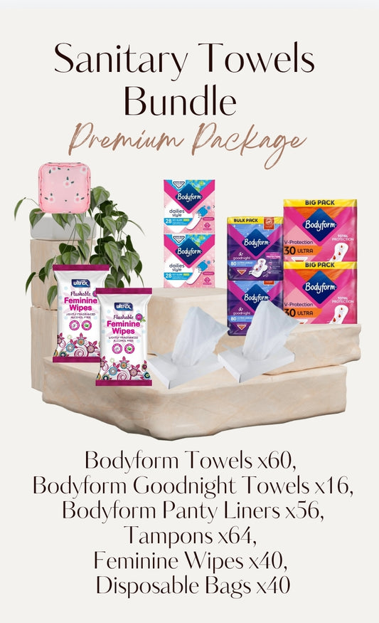Sanitary Towels Bundle - Bodyform Towels x60, Bodyform Goodnight Towels x16, Bodyform Panty Liners x56, Lil-Lets Tampons x32, Feminine Wipes x40, Disposable Bags x40